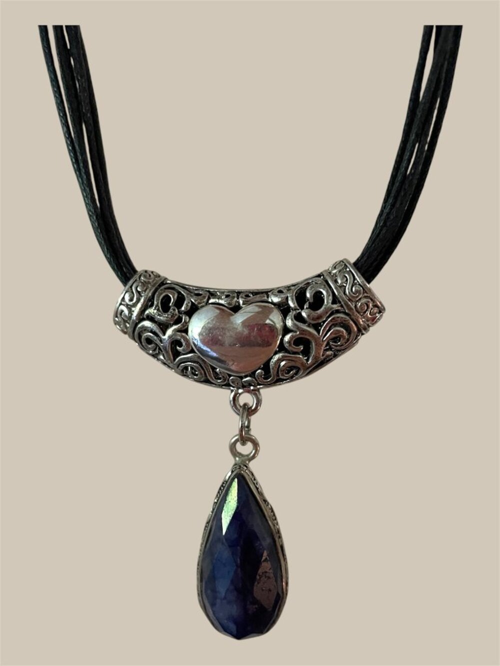 Vintage Sterling Silver Lapis Lazuli Necklace Boh Multi-Strand Cord